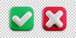Vector 3d checkmarks icon set. Square glossy yes tick and no cross buttons on transparent background. Check mark and X symbol in green and red square realistic 3d render. Right and wrong sign set.