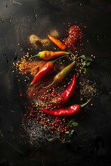 Wall Mural - Vibrant collection of spices and chili peppers on a dark textured surface