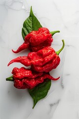 Wall Mural - Stack of fiery red Carolina Reaper peppers on a leaf against white background