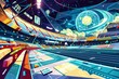Cartoon cute doodles of a futuristic sports stadium where athletes compete in high-tech sports competitions using advanced equipment and augmented reality, Generative AI