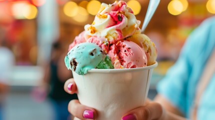 Wall Mural - Colorful scoops of ice cream in a cup held by a person with bokeh background