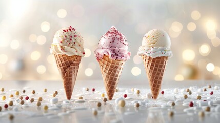 Wall Mural - Three ice cream cones with sprinkles on a festive bokeh background