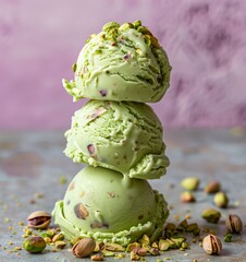 Canvas Print - Three scoops of pistachio ice cream stacked with pistachio nuts on a table.