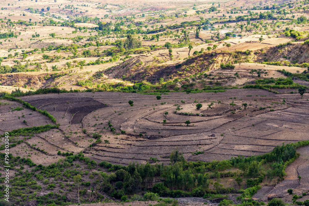 Beautiful mountain landscape with traditional Ethiopian village and ...