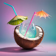 Coconut adorned with a cocktail straw, floating ethereally against a pure homogeneous pastel background, featuring a radiant Broken Glass effect