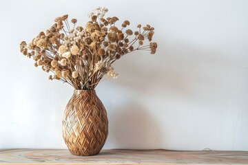 Wall Mural - Dried flower bouquet in wooden vase against blank wall home interior. Concept Home Decor, Floral Arrangements, Interior Design, Minimalist Style