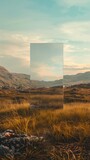 Fototapeta Panele - golden hour in serene landscape with surreal mirror portal framing the view
