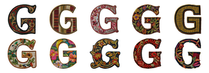 Wall Mural - Colorful embroidered letter G collection in diverse styles cut out png on transparent background