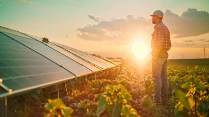 Wall Mural - Engineering farmer using solar energy from solar panels to power systems in fields