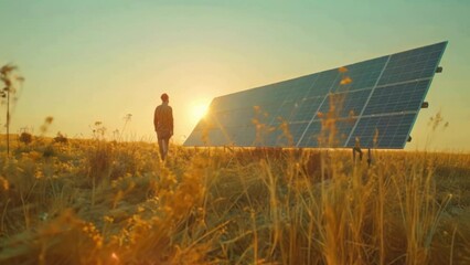 Wall Mural -  farmer using solar energy from solar panels to power systems in fields