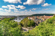 Old town of Prague. Czech Republic over river Vltava with Charles Bridge on skyline. Prague panorama landscape view with red roofs. Prague view from Letna Park, Prague, Czechia.