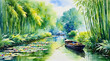 Boat floating in the canal amidst the lush green trees, watercolor painting style, generative AI.