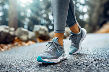 Close up of person's feet in pair of running shoes.