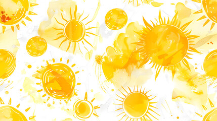 This image features a playful and energetic pattern of sunbursts and paint splashes in warm yellow and white, creating a joyful and vibrant visual ideal for summer-themed designs.