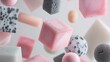 © pier - pastel pink grey and white shapes floating in a dynamic abstract 3d render with light textures and soft shadows