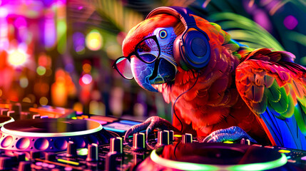 Wall Mural - Parrot with headphones and headphones sitting in front of dj's mixer.