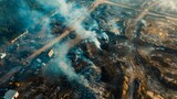 Fototapeta  - Aerial view of a landfill site emitting noxious fumes into the atmosphere, exacerbating air pollution