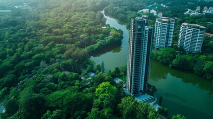 Aufkleber - Aerial view of a sleek riverside skyscraper, standing tall amidst lush greenery, blending nature and modern architecture seamlessly.