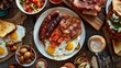 © Plaifah - An aerial view of a classic American breakfast spread with eggs, bacon, sausage, and toast