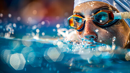 Wall Mural - Close up of person wearing goggles and swimming in pool.