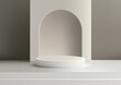 3D realistic white color podium with archway backdrop on the stair floor and light brown background