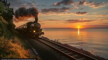 Vintage Steam Locomotive Journeying Along Coastal Tracks At Sunset - Nostalgic Railway Travel