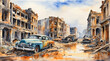 The ruins of an abandoned city filled with old decayed cars, watercolor painting style, generative AI.