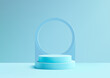 3D blue podium with a circle cut out in the middle, on a soft blue background in minimal style