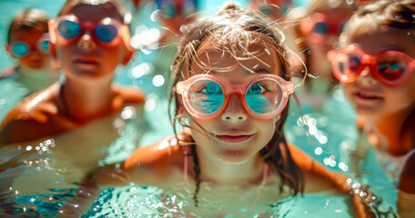 Wall Mural - Young girl wearing pink goggles and swimming in pool of water.