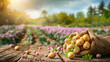The freshly harvested potatoes are carefully arranged within a bag, set against the backdrop of a lush vegetable garden