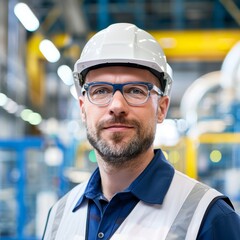 Wall Mural - A German engineer in a manufacturing plant, machinery and assembly lines blurred in the background