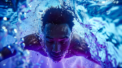 Wall Mural - Man swimming under the water in pool of blue and purple water.