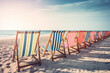 Beautiful Sandy Beach With A Row Of Empty Beach Chairs At Sunshine - Generative AI