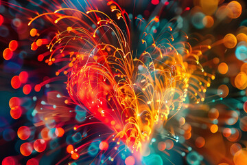 Vibrant nexus of connectivity, data streams abstract, night light, frontal view, heart of digital transformation 