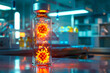 Biohazard virus sealed in a vial, blurred laboratory on background.