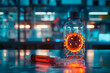 Biohazard virus sealed in a vial, blurred laboratory on background. Virus research conceptual image.