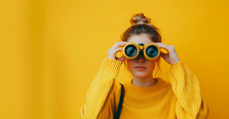 Wall Mural - A woman in a yellow sweater is holding binoculars Concept of curiosity and adventure, as the woman is using the binoculars to explore her surroundings. Woman with Binoculars on Yellow background