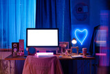Fototapeta  - No people shot of computer monitor with blank screen on desk in modern teen girls room interior with neon light, copy space