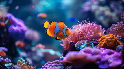 Wall Mural - A bright orange and blue fish swims in a colorful coral reef