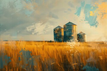 A painting of two silos in a wheat field. Suitable for agricultural themes