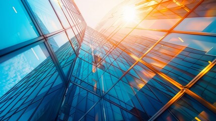 Aufkleber - Close-up of sleek glass facades reflecting sunlight on a modern high-rise building