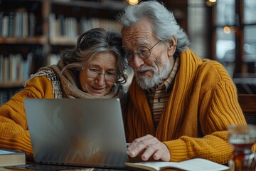 Elderly couple happily browsing laptop, surrounded by books, seated in contemporary office setting