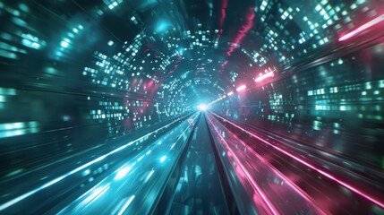Wall Mural - A high-speed virtual tunnel with streaming lights and data packets zooming past as if traveling through a network cable