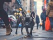 A black French bulldog being walked down a busy city street on a leash