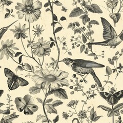 A tessellation of vintage botanical illustrations and hand-drawn nature sketches, showcasing the intricate beauty of flora and fauna