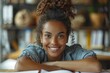 © Larisa AI - An attractive, smiling woman sitting comfortably in a cafe with an open book in front of her and bokeh