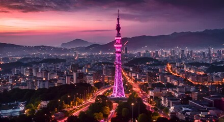 Sticker - Modern telecommunication tower in the city at night.