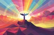 A cross on top of a mountain with a sun in the background. Ideal for religious themes or inspirational concepts