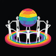 Pride concept - white paper humans hand hold hand around pride globe on circle ring rainbow block on black background vector design