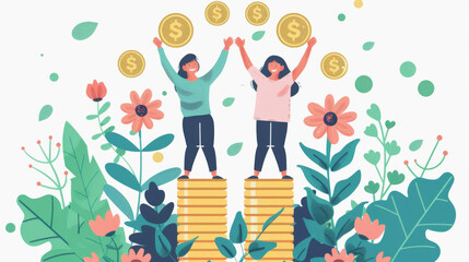 Two animated characters standing on piles of coins, celebrating financial growth among plants, symbolizing wealth and prosperity.